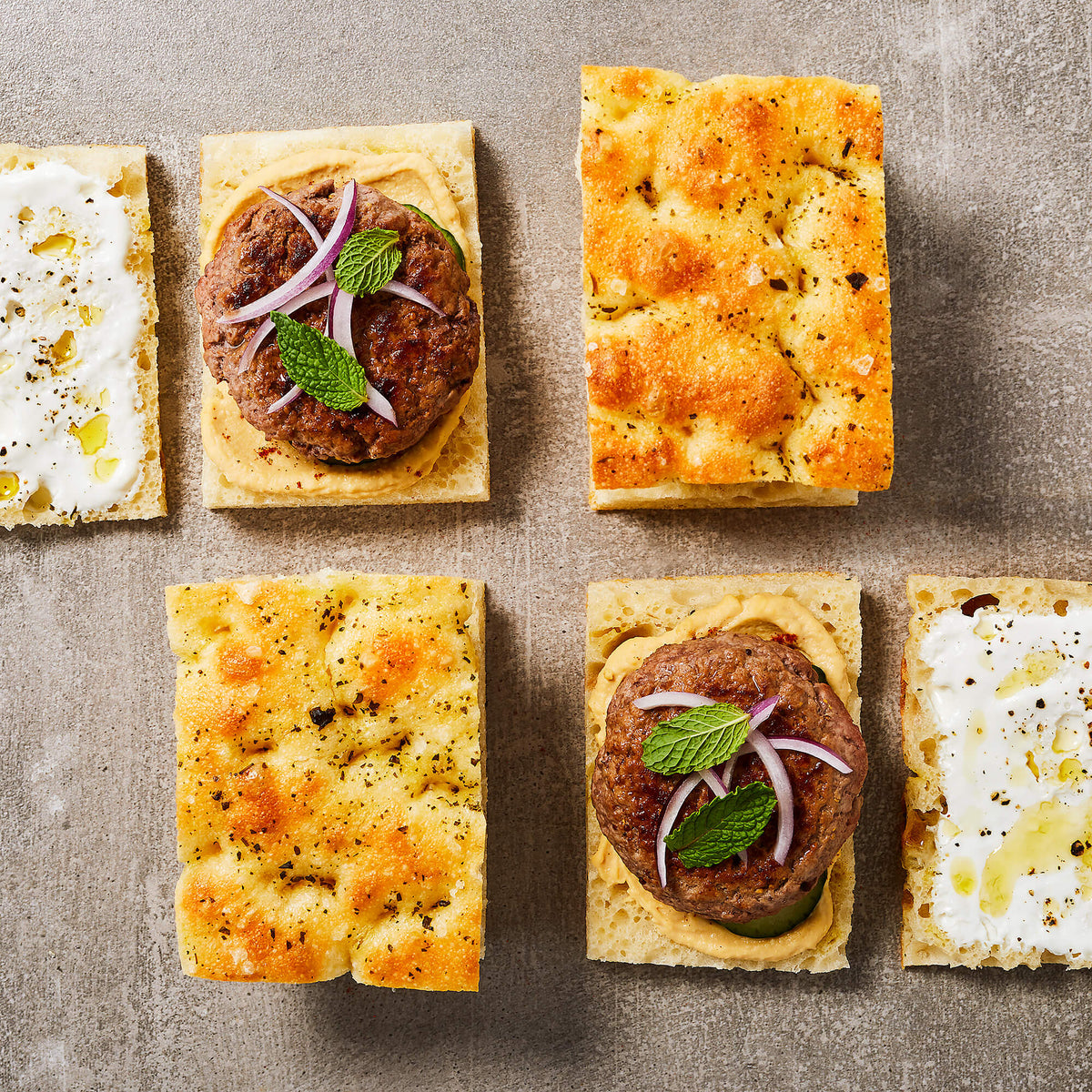 Focaccia Burgers with Hummus and Cucumber