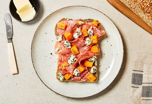 Sweet potato, blue cheese and salami open-faced sandwich