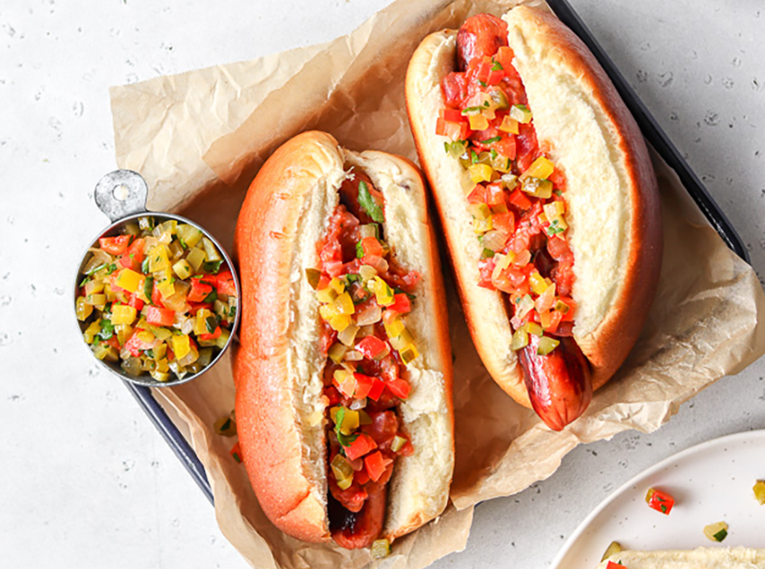 Quick pickle relish on hot dogs